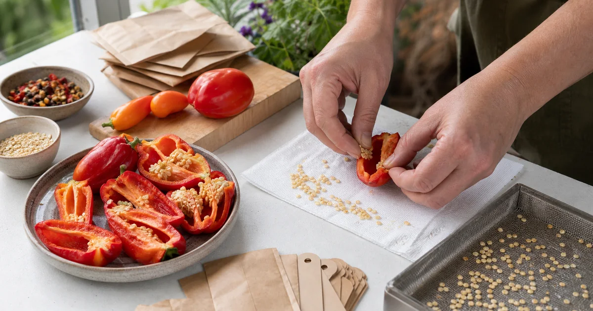 Ripe peppers cut open with seeds spread on a tray for drying and saving