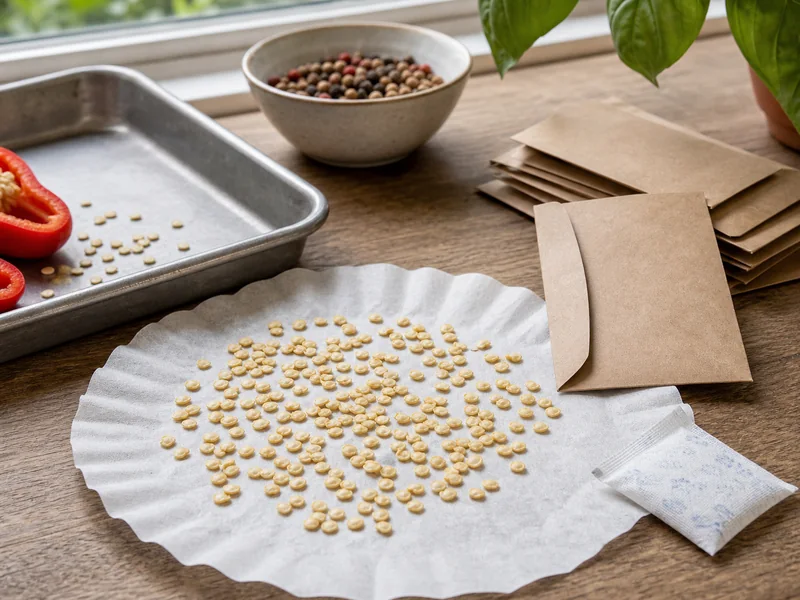 Ripe peppers cut open with seeds spread on a tray for drying and saving
