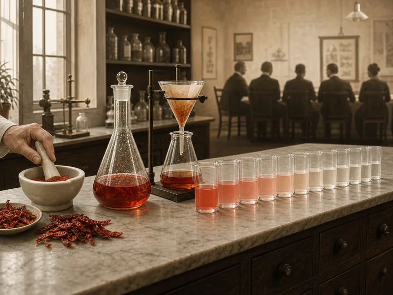 Historical laboratory sequence showing dried chile extraction and increasingly dilute tasting cups for the original Scoville test