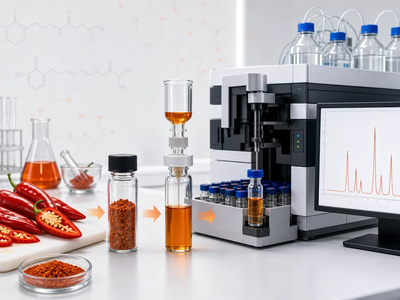 Modern HPLC workflow from representative chile fruit through dried ground sample and solvent extract to separate chromatogram peaks