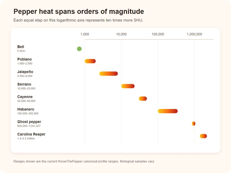 Logarithmic Scoville chart showing canonical heat ranges from bell and poblano through jalapeno, serrano, cayenne, habanero, ghost pepper, and Carolina Reaper