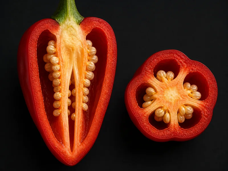 Lengthwise and crosswise chile cutaways highlighting pale placental ribs where capsaicinoids are concentrated beside attached seeds