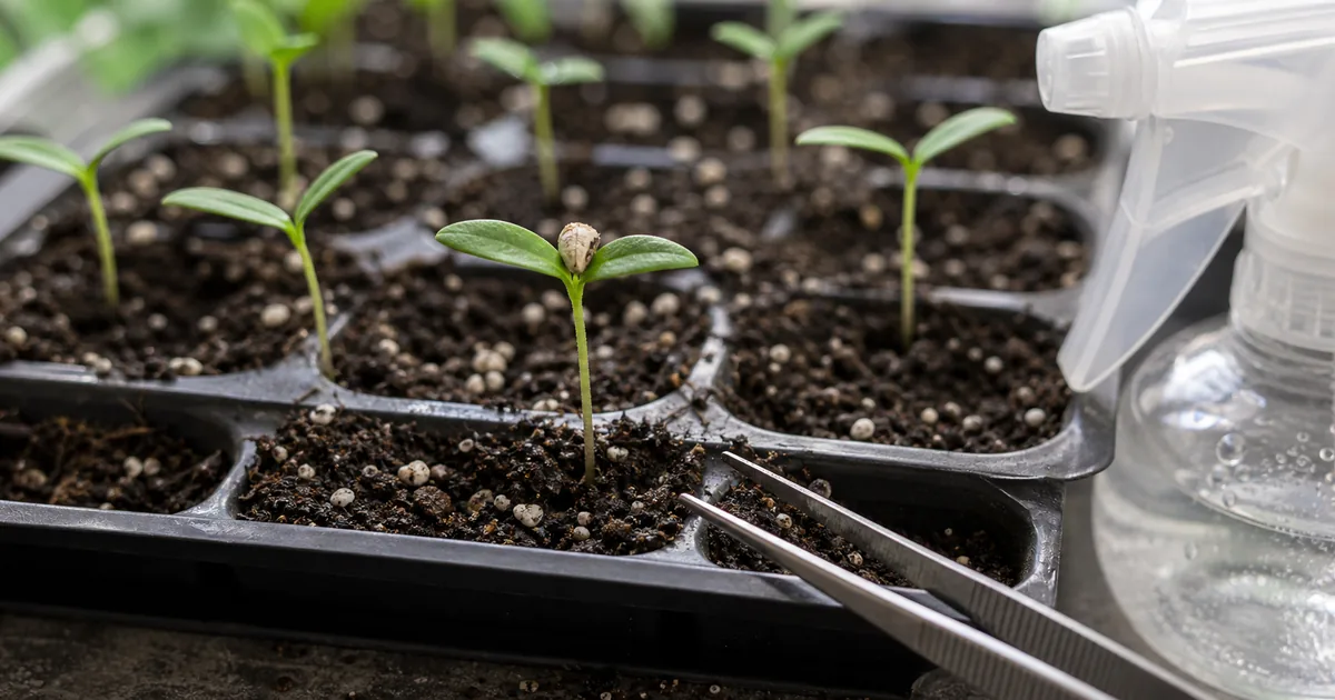 Pepper seedling with seed coat stuck on cotyledons beside tweezers and a mister