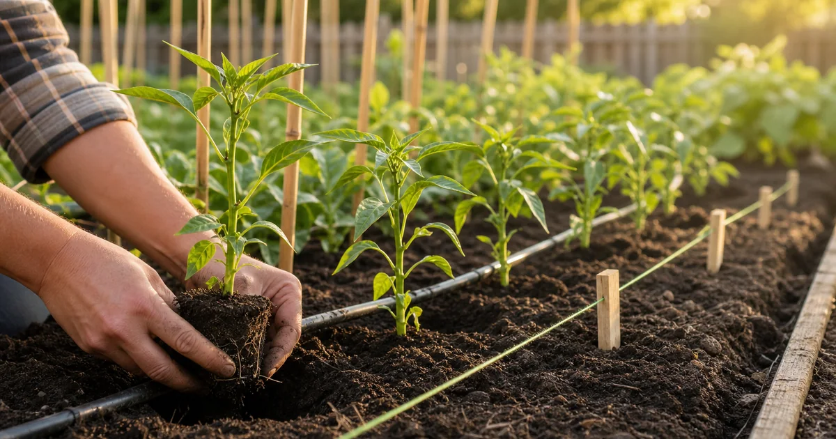 Serrano pepper transplants planted in a sunny raised bed with drip line and spacing markers