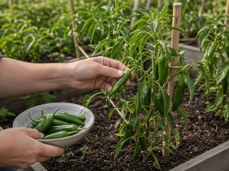 Hand cutting firm green serrano pods from a staked plant into a bowl