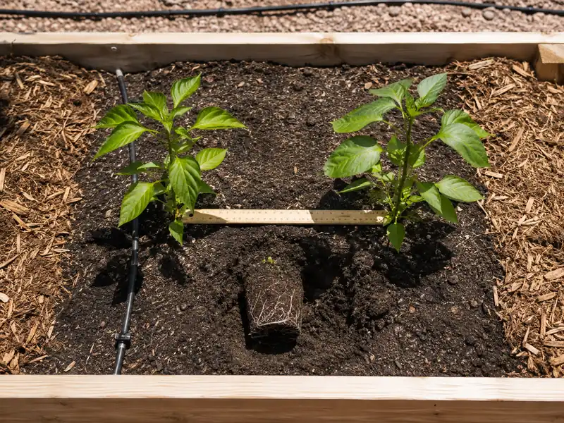 Two young serrano plants spaced across a raised bed beside a root ball and planting hole