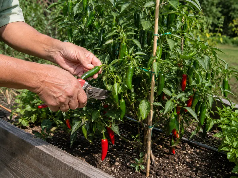 Green serrano pepper being cut from a staked plant that also holds ripe red pods