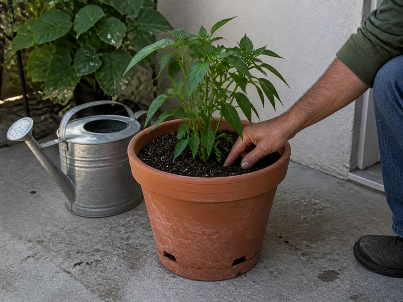 Gardener checking soil moisture in a five-gallon pot holding a young serrano plant