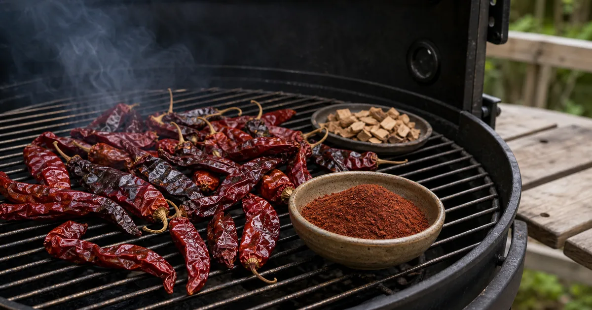 Dried red chiles on a smoker rack beside a bowl of smoked chili powder