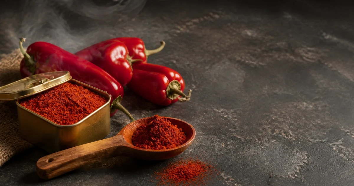 Smoked paprika powder in an open tin and wooden spoon beside ripe red peppers