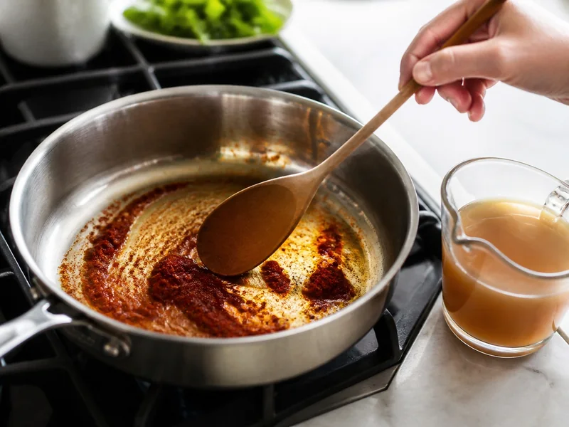 Smoked paprika blooming briefly in oil with stock ready to stop the cooking