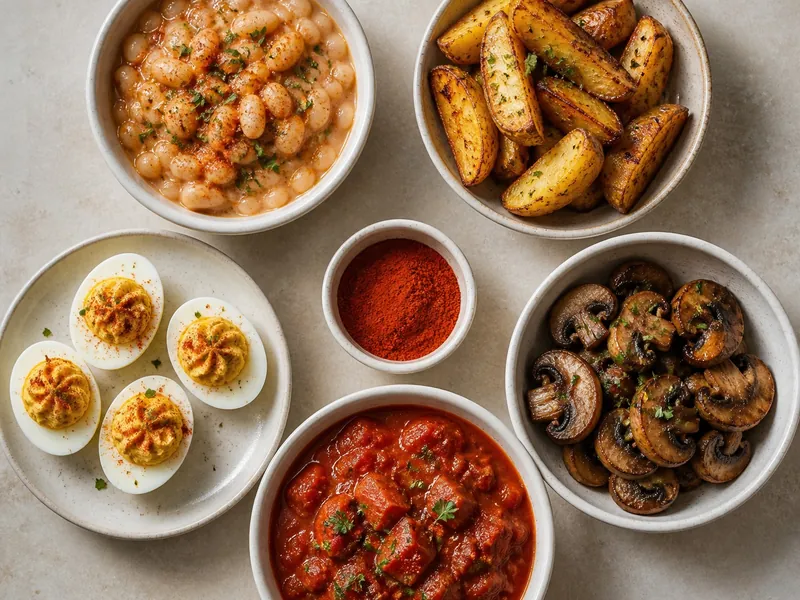 Beans, roasted potatoes, deviled eggs, mushrooms, and tomato stew seasoned with smoked paprika