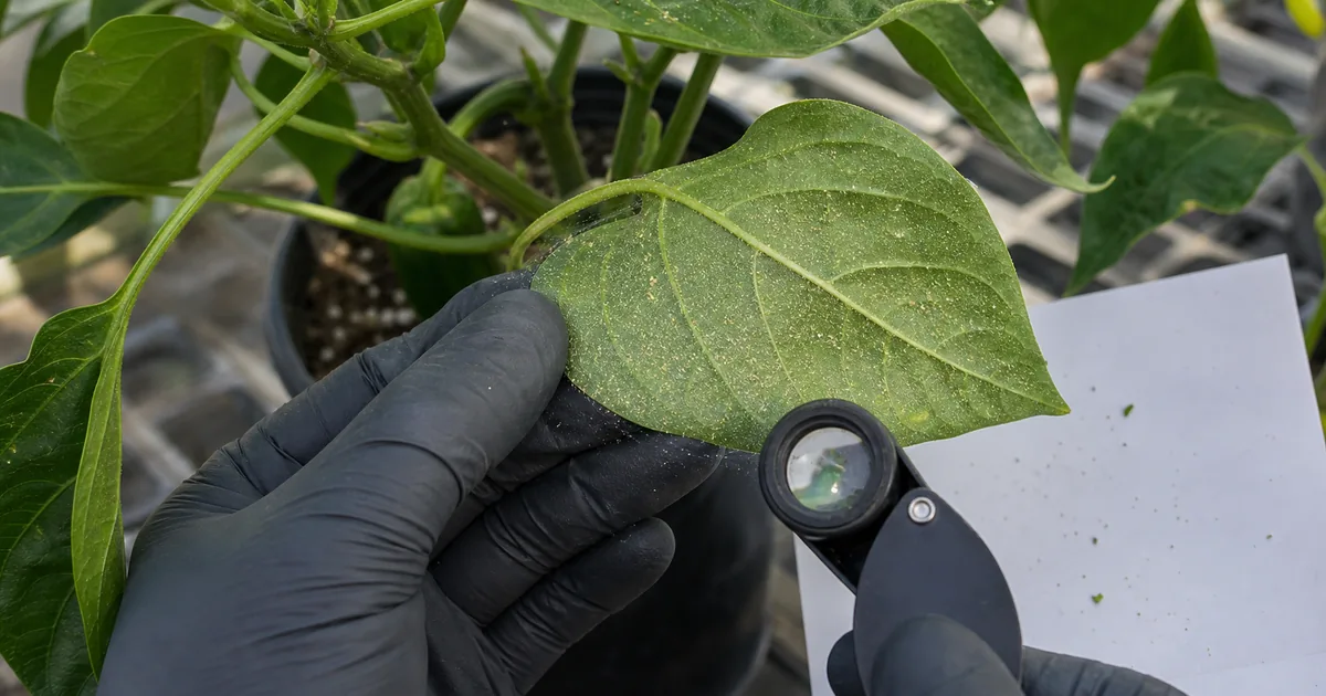 Pepper leaf underside being checked for spider mite webbing with a hand lens
