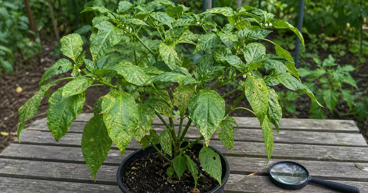 Pepper plant with several leaf spot patterns beside a hand lens