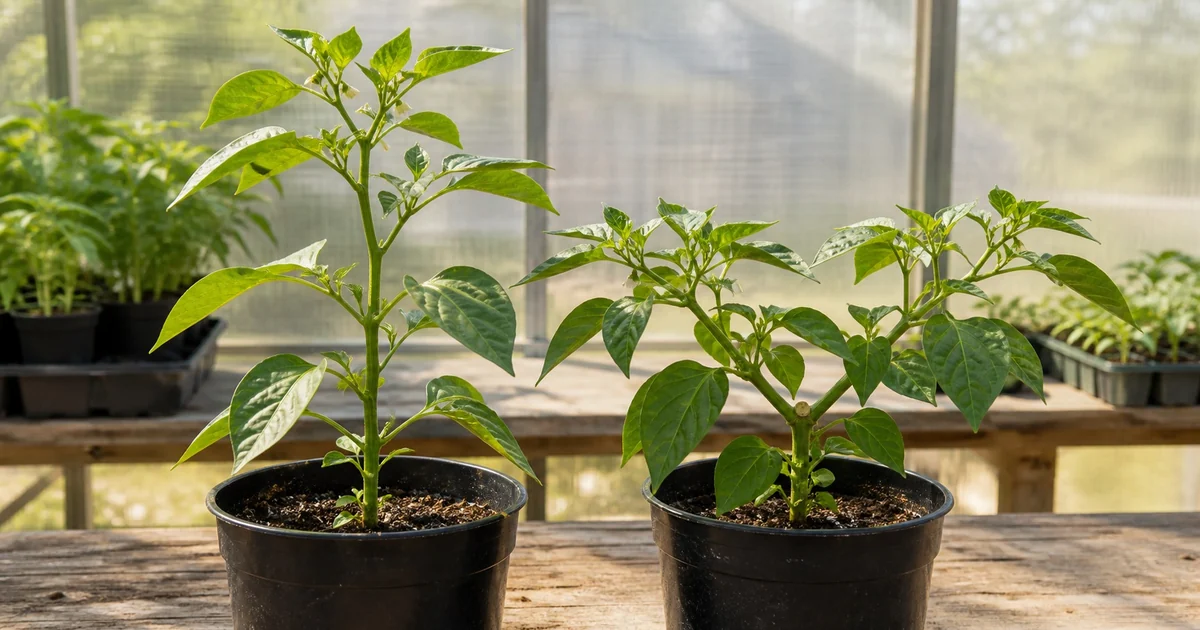 Untopped pepper beside a topped plant with two lateral branches