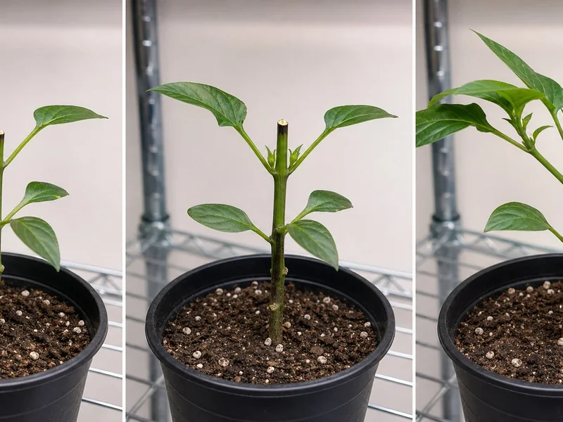 Three stages of pepper plant regrowth after topping