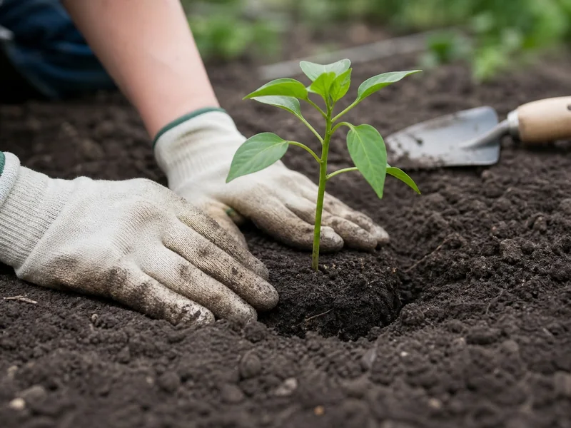 Gloved hands firming garden soil around a pepper seedling at the original soil line