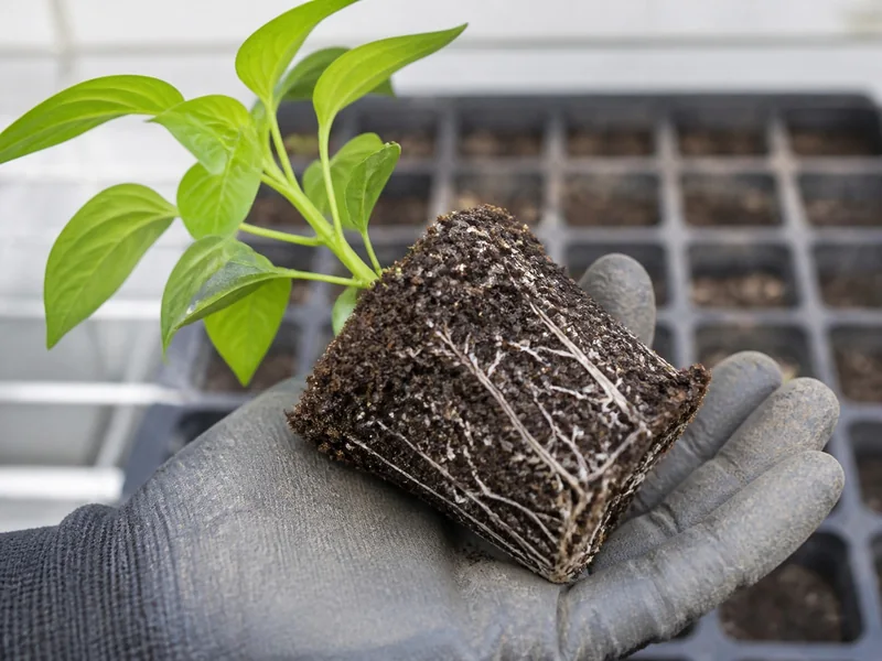 Pepper seedling root plug held together by fine white roots without dense circling