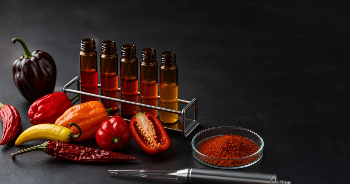 Hot peppers, pepper powder, and five amber extract vials prepared for capsaicinoid analysis