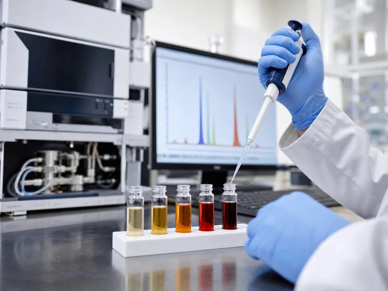 Pepper extract vials beside an HPLC instrument and a chromatogram with separated peaks