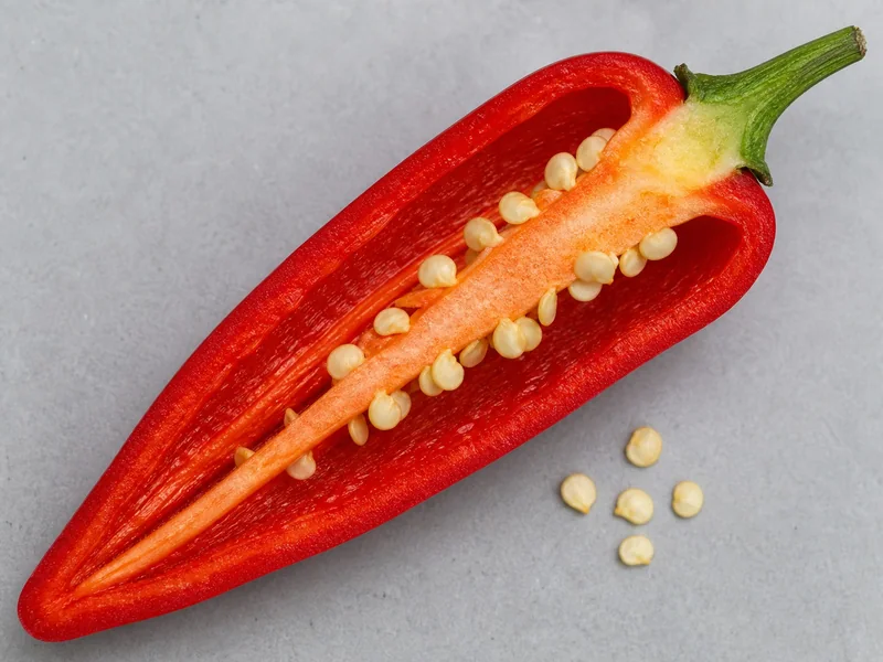Halved red pepper showing pale placental tissue with seeds attached beside it