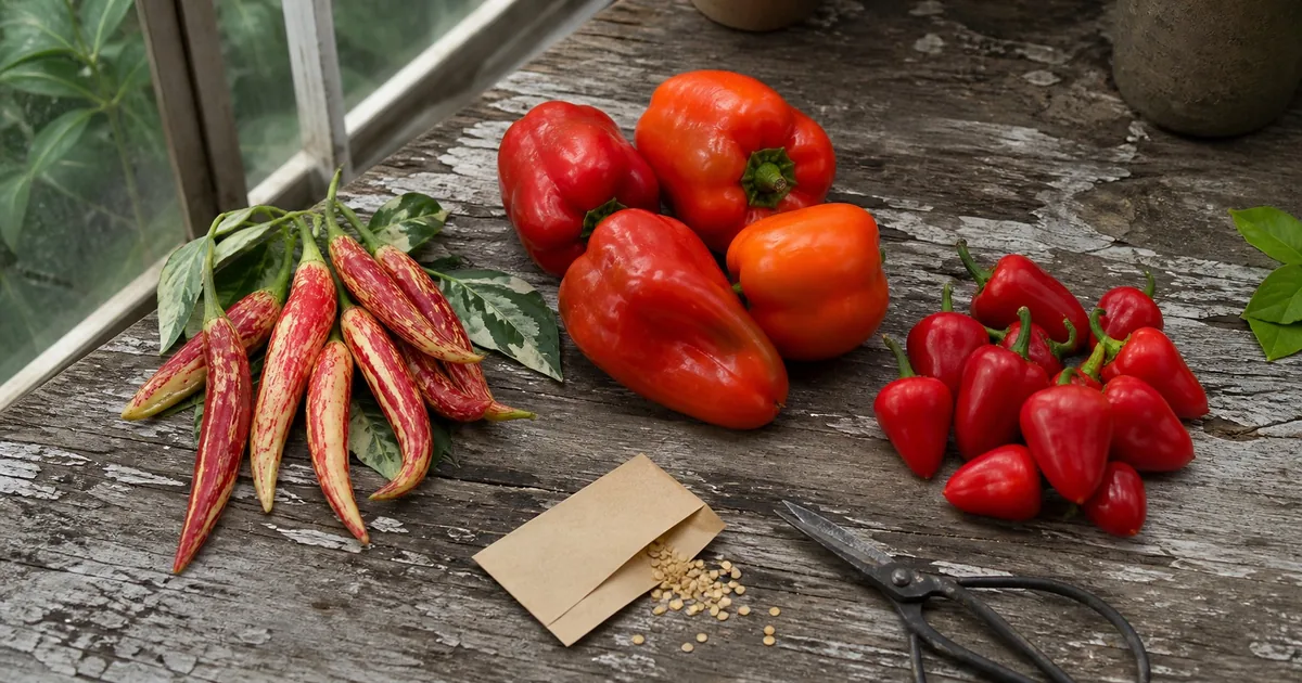 Fish, Beaver Dam, and Hinkelhatz peppers beside an open seed envelope