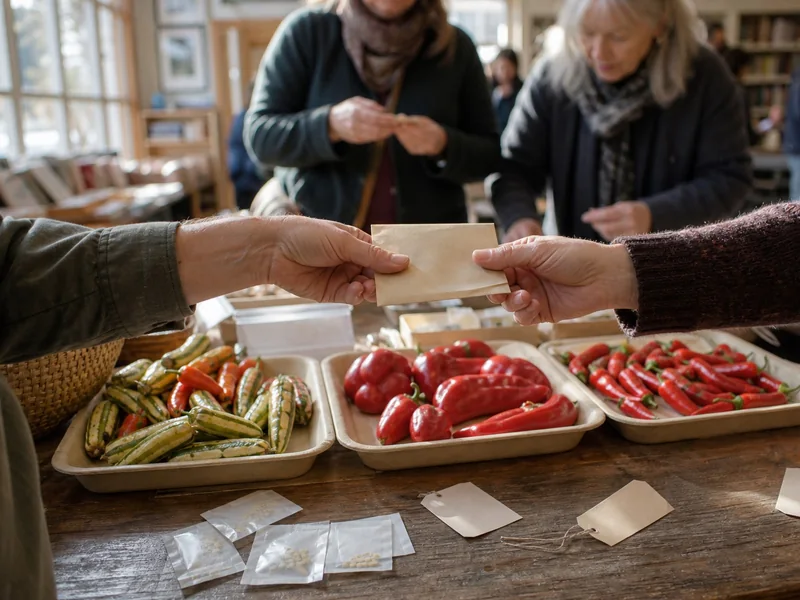 Hands exchanging a pepper seed envelope beside trays of distinct heirloom peppers at a community seed table