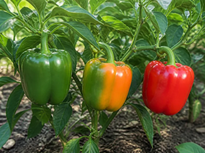 Green, partly orange, and ripe red sweet peppers on a plant