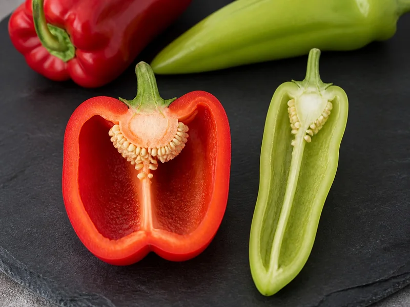 Thick-walled bell pepper and thin-walled Cubanelle cut lengthwise