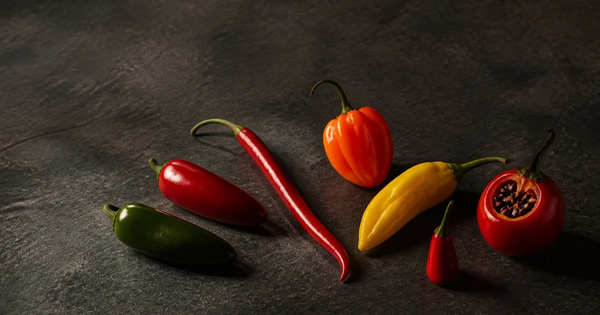 Jalapeno, cayenne, habanero, aji, tabasco, and rocoto chilies