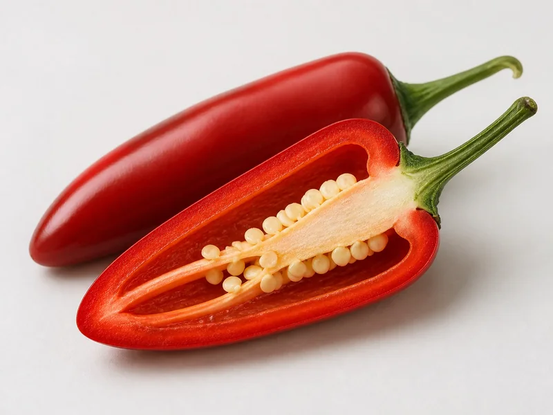 Red chili cut lengthwise to show wall, placenta, ribs, and seeds