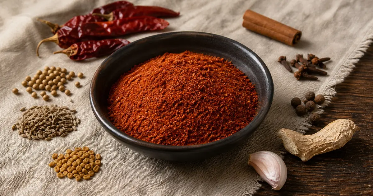 Berbere powder with dried chilies, seeds, warm spices, ginger, and garlic