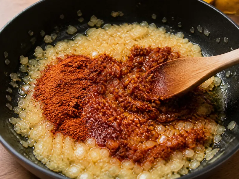 Berbere being bloomed in oil with softened onions