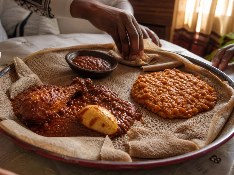 Doro wat, red lentils, and awaze served together on injera