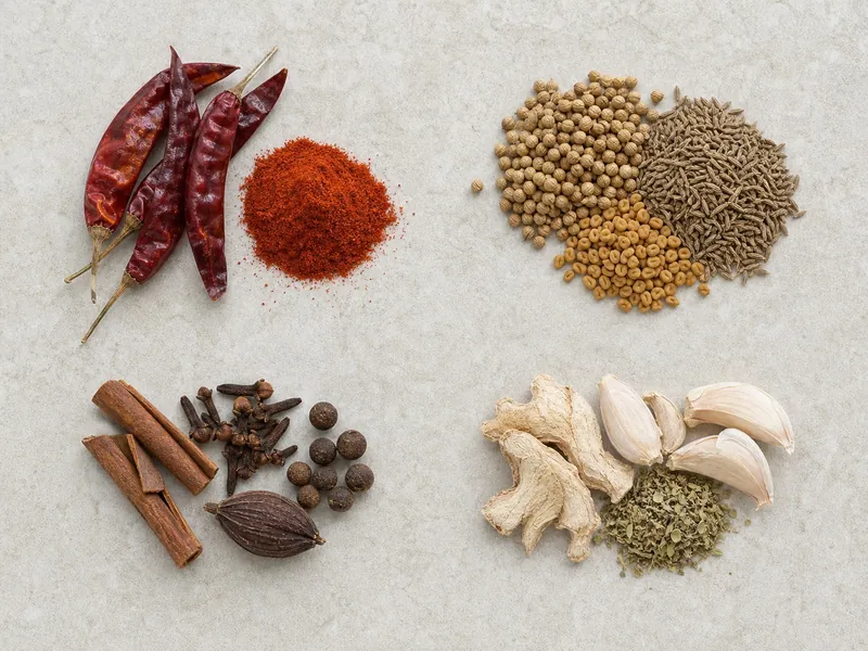 Chile, seed, warm-spice, and savory ingredient groups for berbere