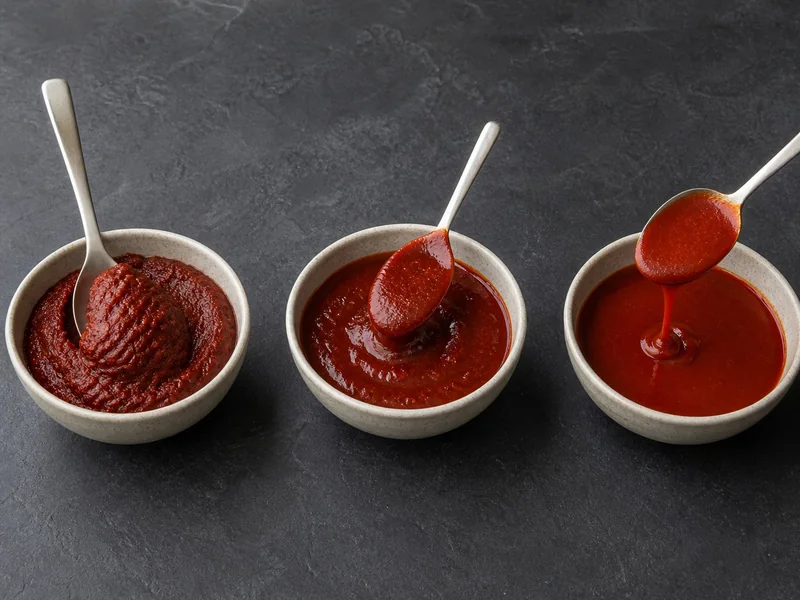 Gochujang shown as thick paste, marinade, and pourable sauce