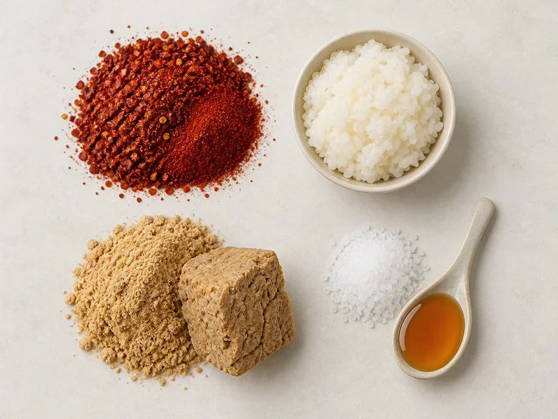 Gochugaru, glutinous rice, meju, salt, and rice syrup