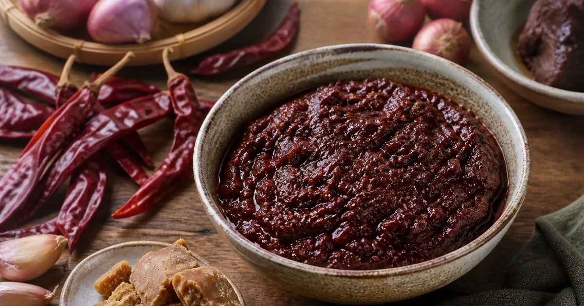 Thai nam prik pao with dried chiles, shallots, garlic, tamarind, and palm sugar