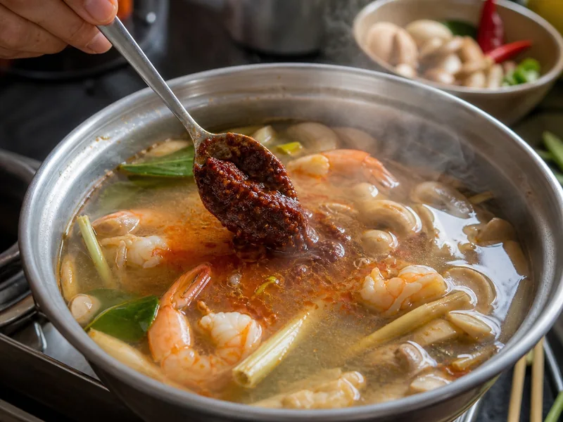 A spoonful of nam prik pao being stirred into tom yum with shrimp, mushrooms, and lemongrass