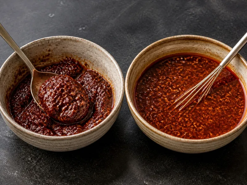 Thick nam prik pao beside the same paste loosened into a glossy cooking sauce