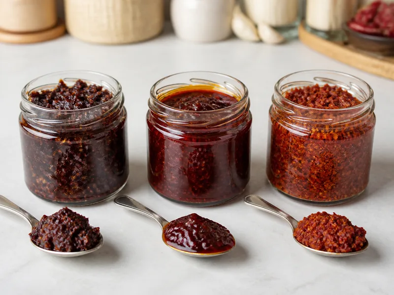 Three unbranded jars of nam prik pao with dense, glossy, and coarse textures