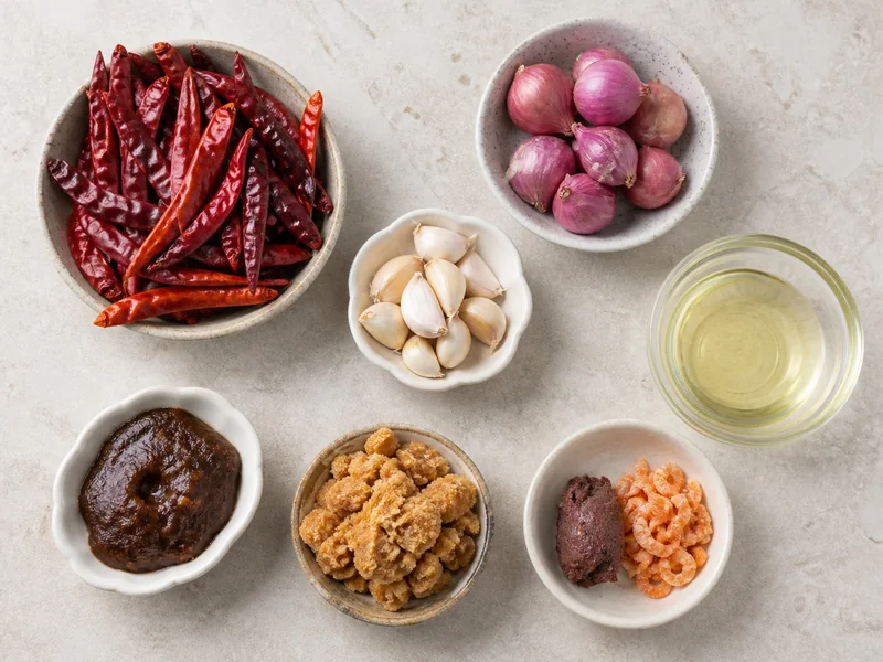 Dried Thai chiles, shallots, garlic, tamarind, palm sugar, oil, shrimp paste, and dried shrimp arranged by ingredient group