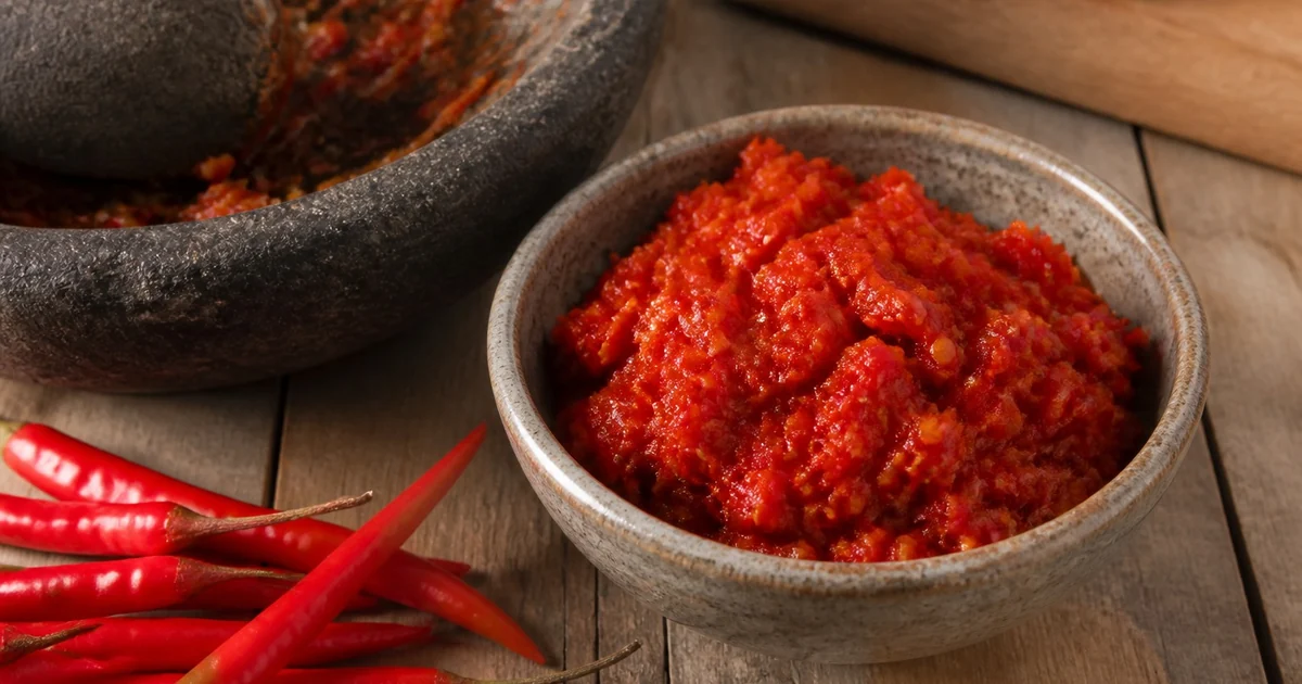 Coarse red sambal oelek in a bowl beside fresh chiles and a stone mortar