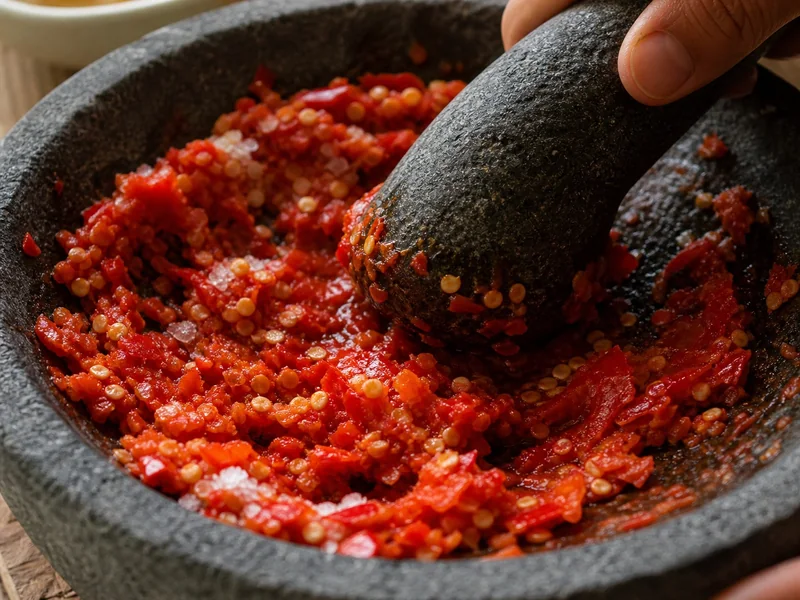 Red chiles and salt being crushed into a coarse paste in a stone mortar