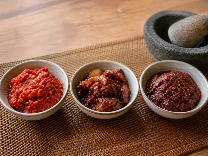 Bright coarse, dark fried, and dense shrimp-paste sambals in three bowls