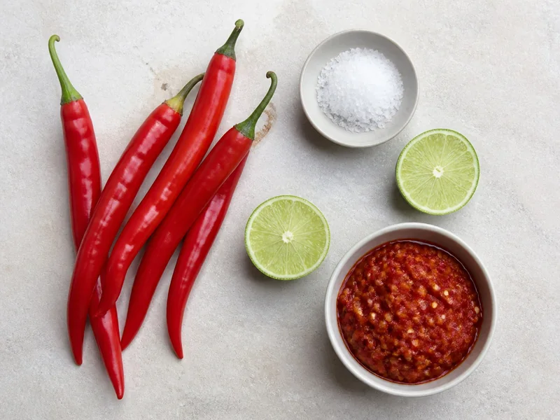 Fresh red chiles, salt, lime, and a bowl of coarse sambal oelek