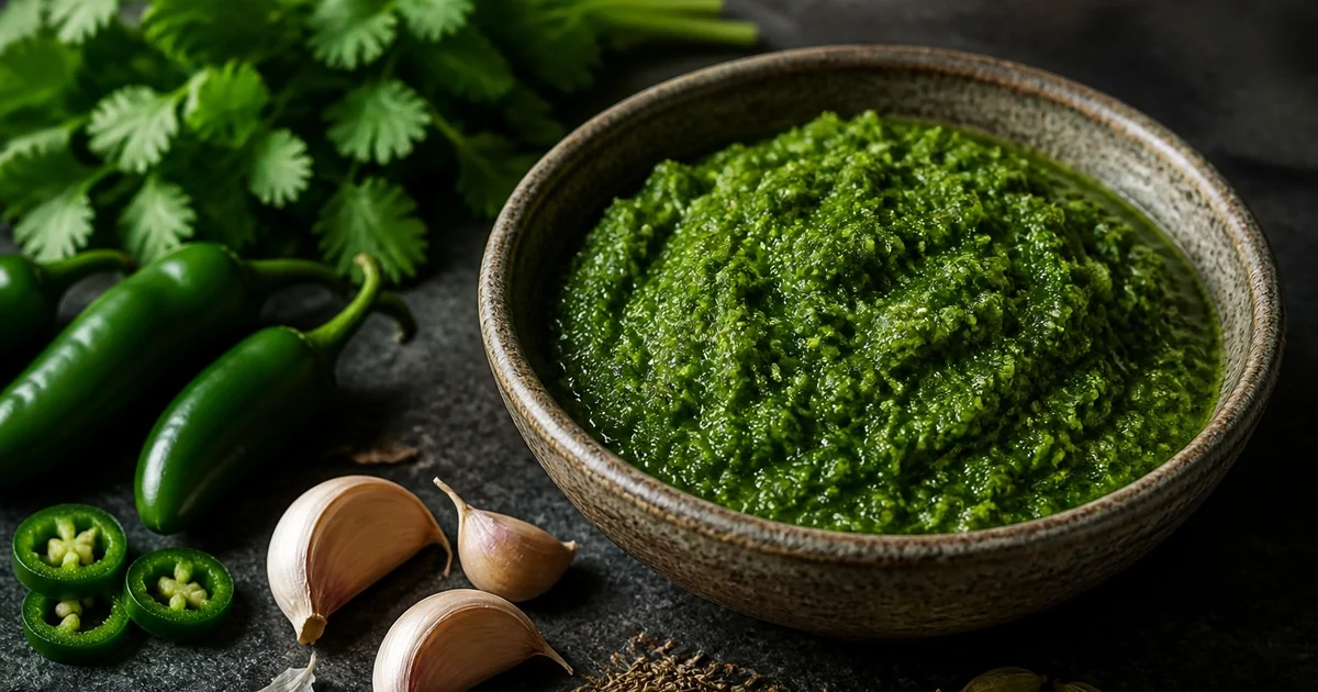 Green schug with cilantro, green chiles, garlic, cumin, and cardamom