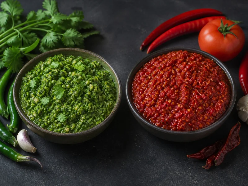 Bowls of coarse green schug and red schug with their fresh and dried chile ingredients
