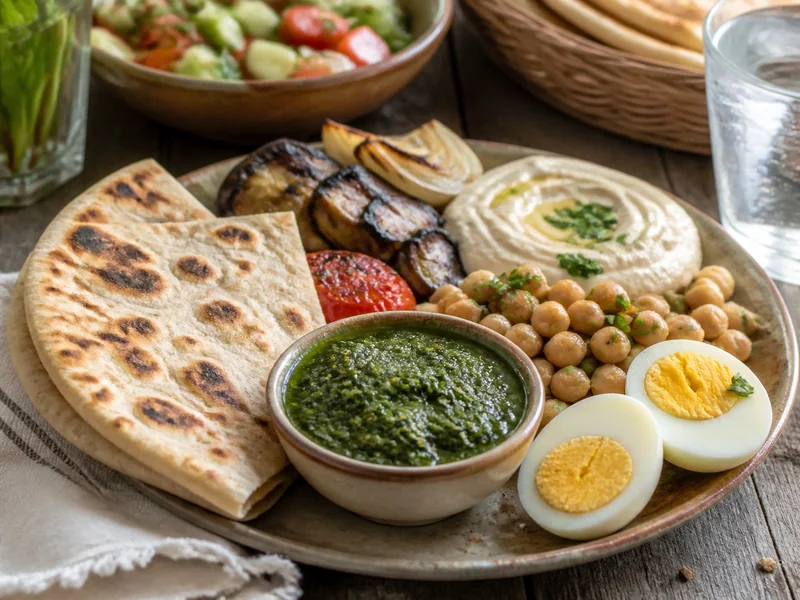 Green schug served with flatbread, hummus, chickpeas, egg, and grilled vegetables