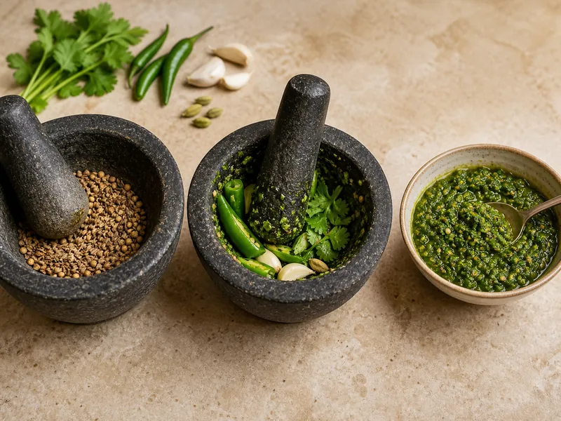 Whole spices, green chiles and herbs being pounded in stages before finished coarse schug